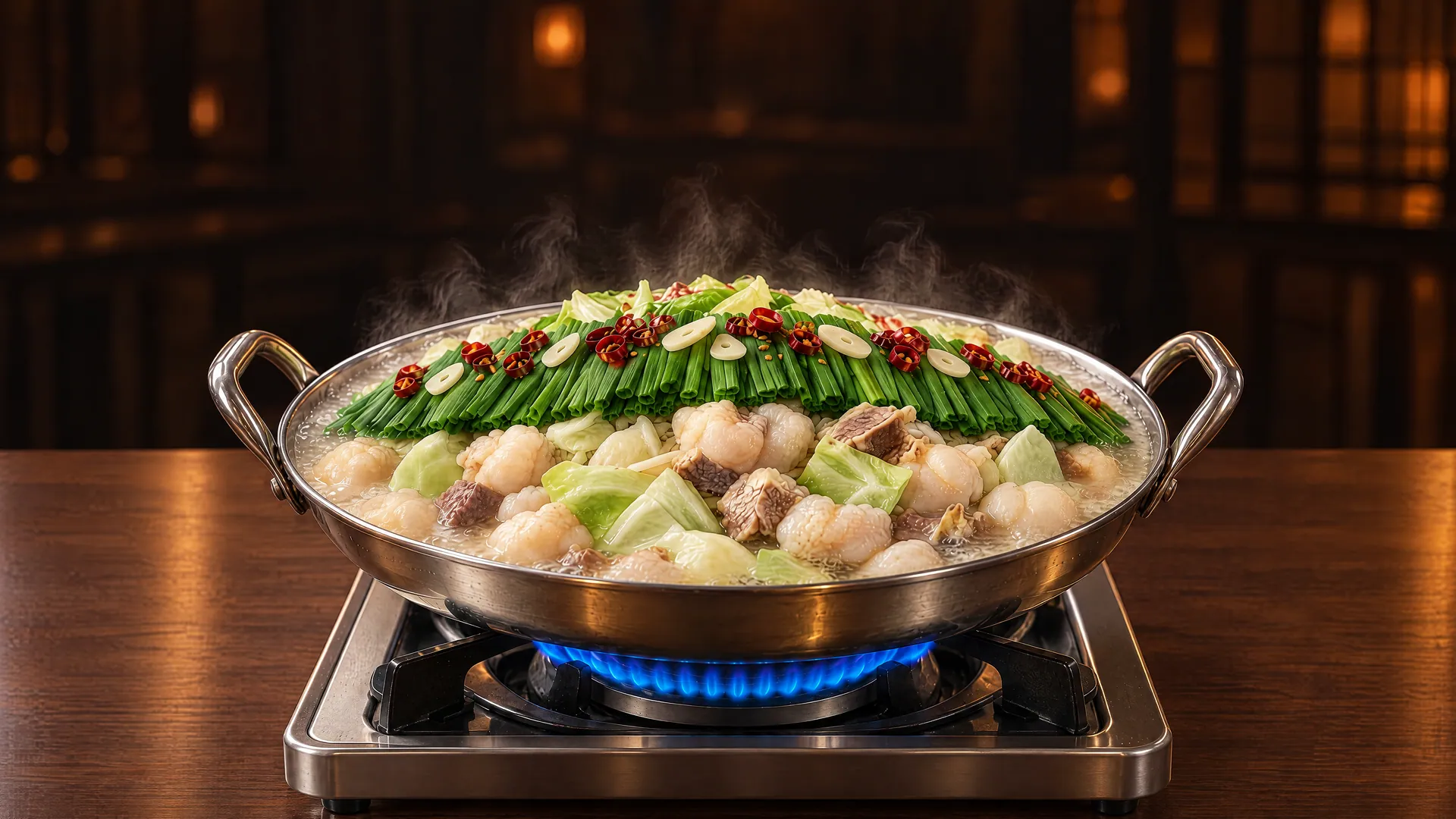 コンロにかけた博多もつ鍋の料理イメージ