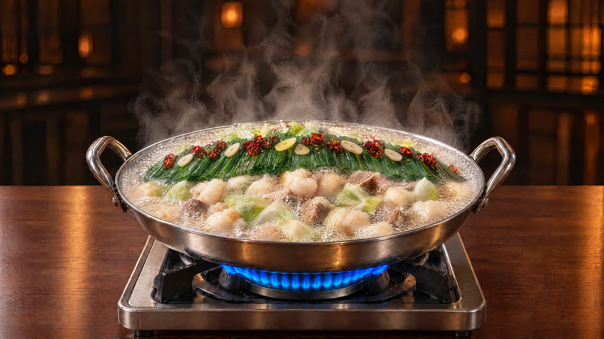 コンロの上で煮える博多もつ鍋の料理イメージ